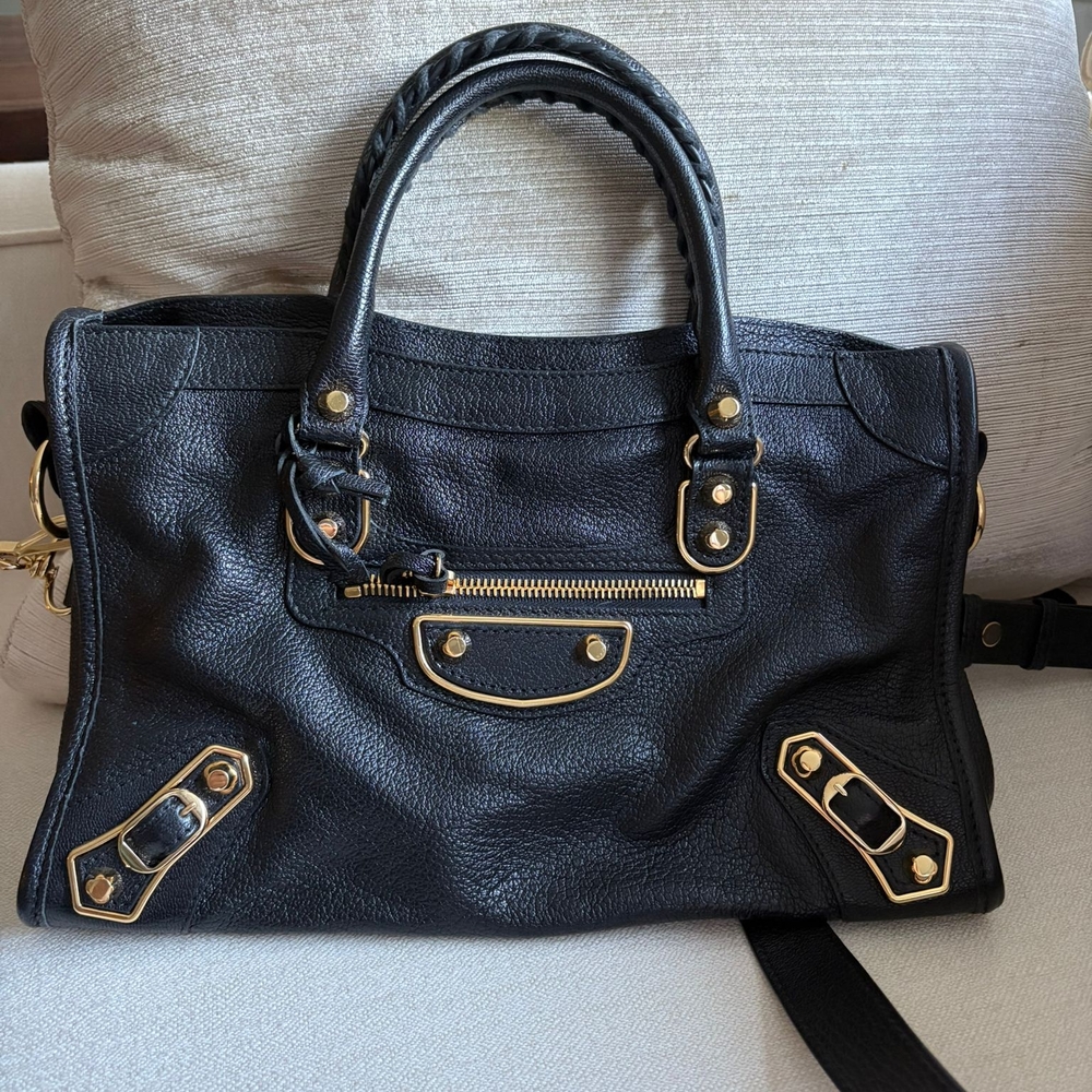 RARE Balenciaga Mini City Black Leather Bag with Gold Accents